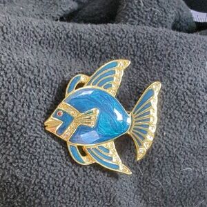 Gold Tone And Blue Enamel Fish Brooch